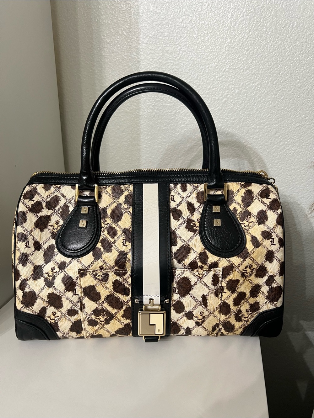 L.A.M.B. leopard Brown and Cream Patterned Satchel with Black Trim